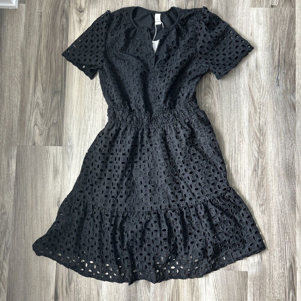 NWT Rumia V Neck Eyelet Lace A Line Short Dress Black Women's Size XS